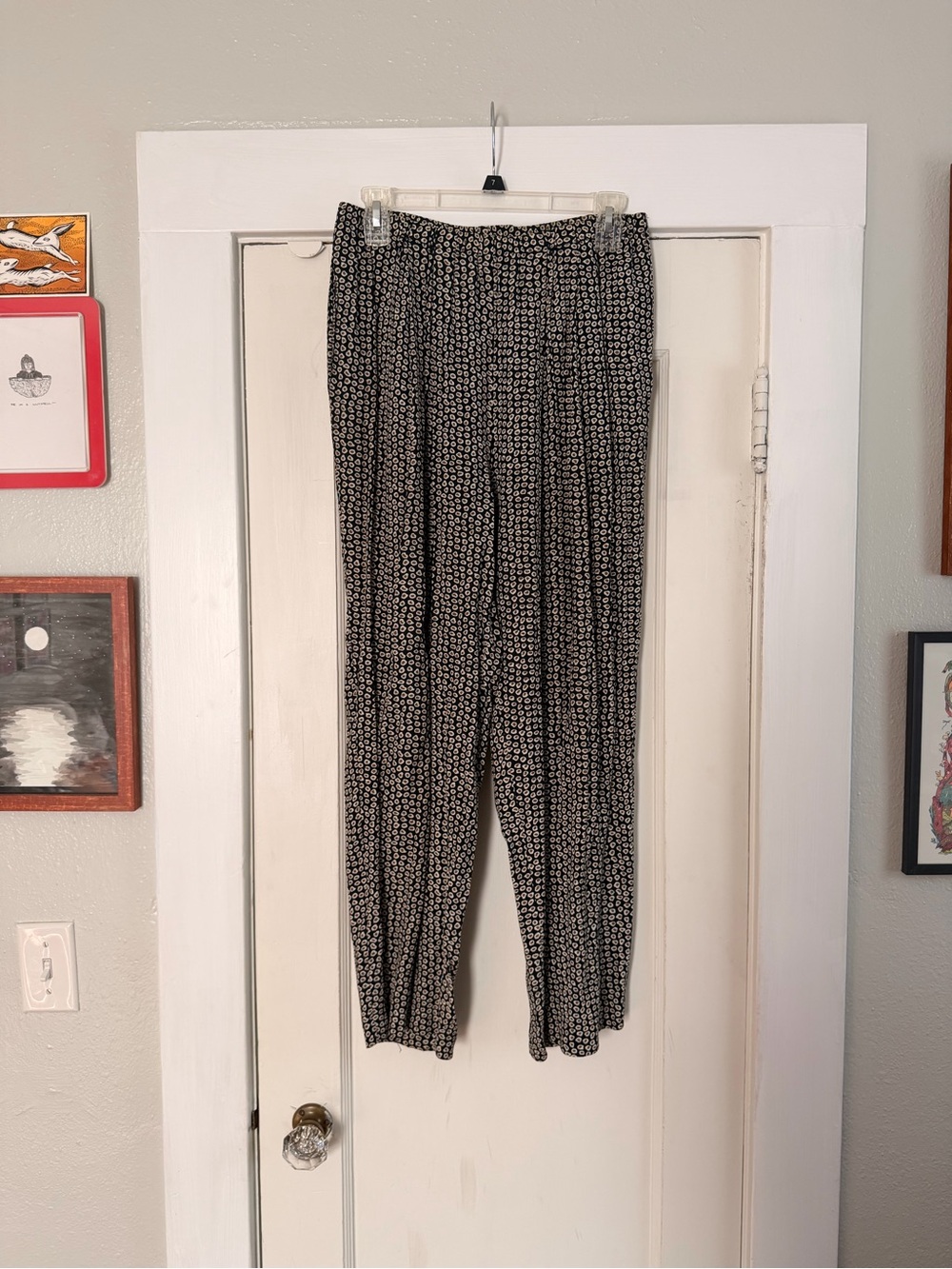 Valerie Stevens Vintage Black Print Elastic Waist Trouser Pants, EUC